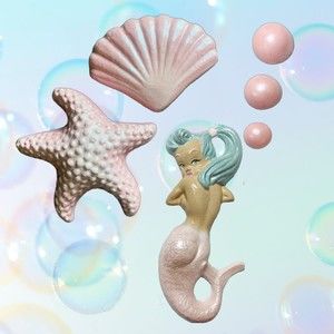 Retro Chalkware Mermaid + Bubbles - + Shell - Starfish  COMPLETE SET